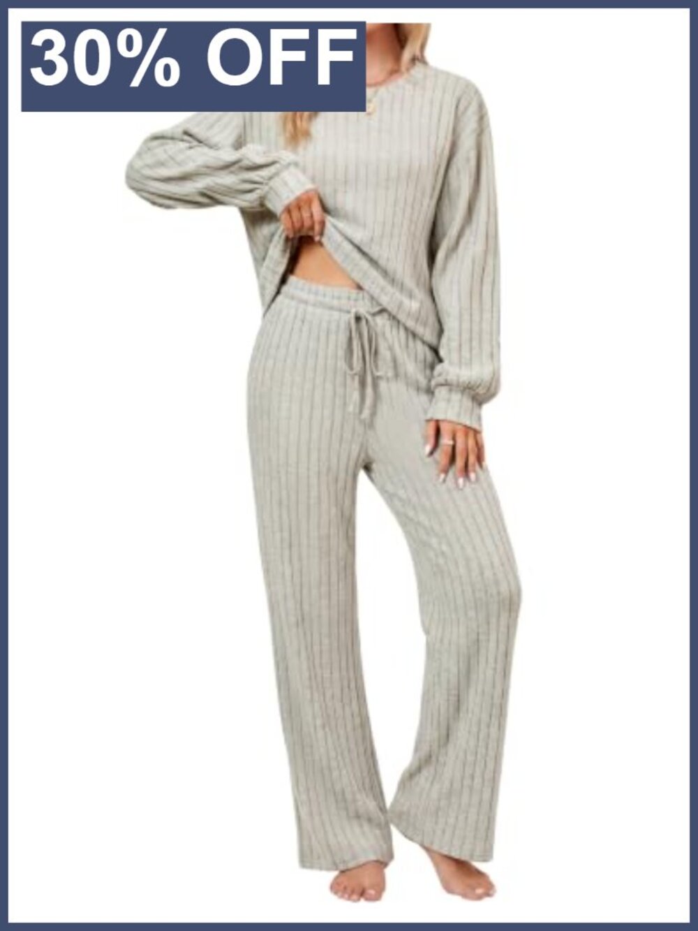 Ribbed Long Sleeve Pajama Set Wide Leg Pants Pockets Loungewear